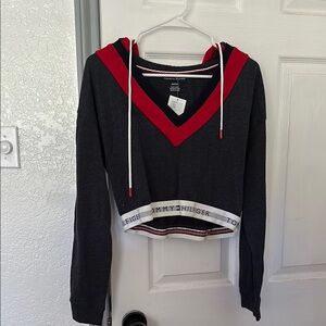 Tommy Hilfiger dark grey and Red Crop Hoodie